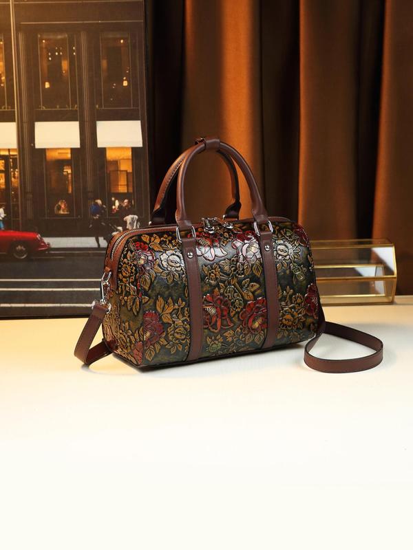 Women's Floral Embossed Boston Bag, Fashionable Large Capacity Shoulder Bag for Daily Used, Casual Trendy Versatile High-quality Daily Commuting Bag
