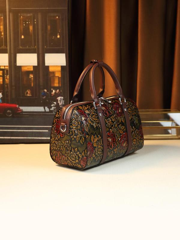 Women's Floral Embossed Boston Bag, Fashionable Large Capacity Shoulder Bag for Daily Used, Casual Trendy Versatile High-quality Daily Commuting Bag
