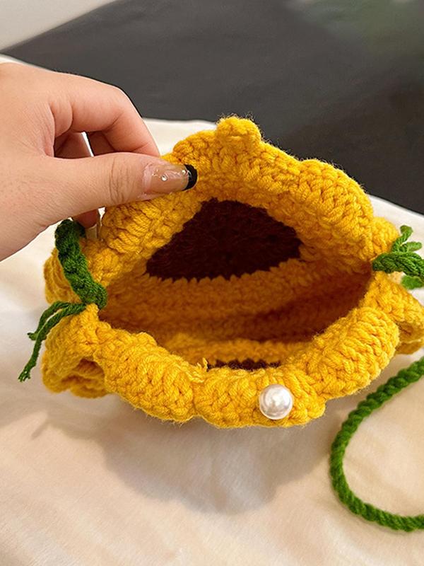 Women's Cute Sunflower Design Crochet Crossbody Bag, Fashionable Knitted Crossbody Bag for Daily Used, Casual Trendy Versatile High-quality Daily Commuting Bag