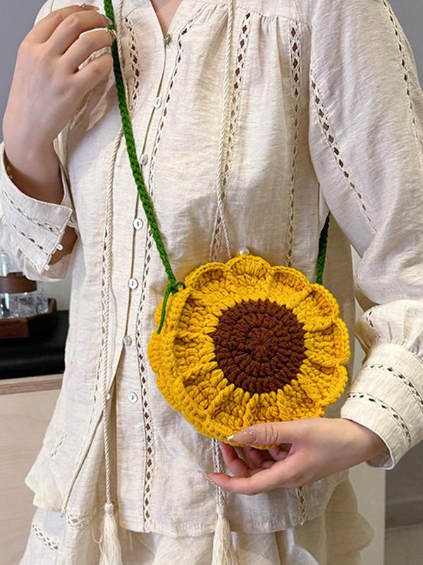 Women's Cute Sunflower Design Crochet Crossbody Bag, Fashionable Knitted Crossbody Bag for Daily Used, Casual Trendy Versatile High-quality Daily Commuting Bag