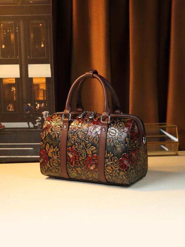 Women's Floral Embossed Boston Bag, Fashionable Large Capacity Shoulder Bag for Daily Used, Casual Trendy Versatile High-quality Daily Commuting Bag