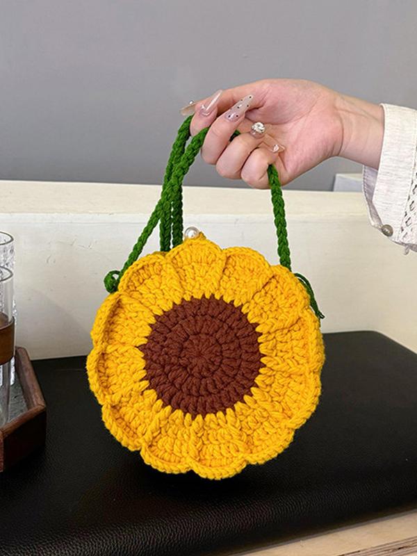 Women's Cute Sunflower Design Crochet Crossbody Bag, Fashionable Knitted Crossbody Bag for Daily Used, Casual Trendy Versatile High-quality Daily Commuting Bag