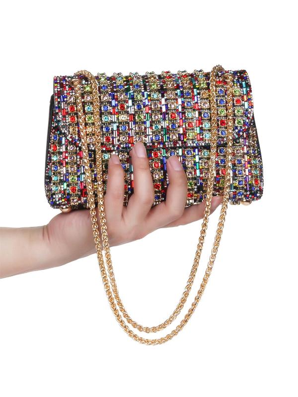 Women's Colorblock Rhinestone Decorated Crossbody Bag, Fashionable Chain Strap Shoulder Bag for Daily Commute, Casual Trendy Versatile High-quality Daily Commuting Bag
