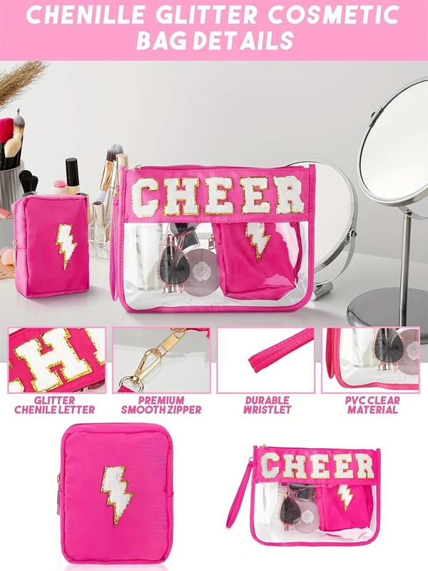 Cheer Letter Pattern Makeup Bag, Including Makeup Bag & Small Clutch Bag, Portable Travel Cosmetic Bag, Toiletry Storage Bag for Women & Girls