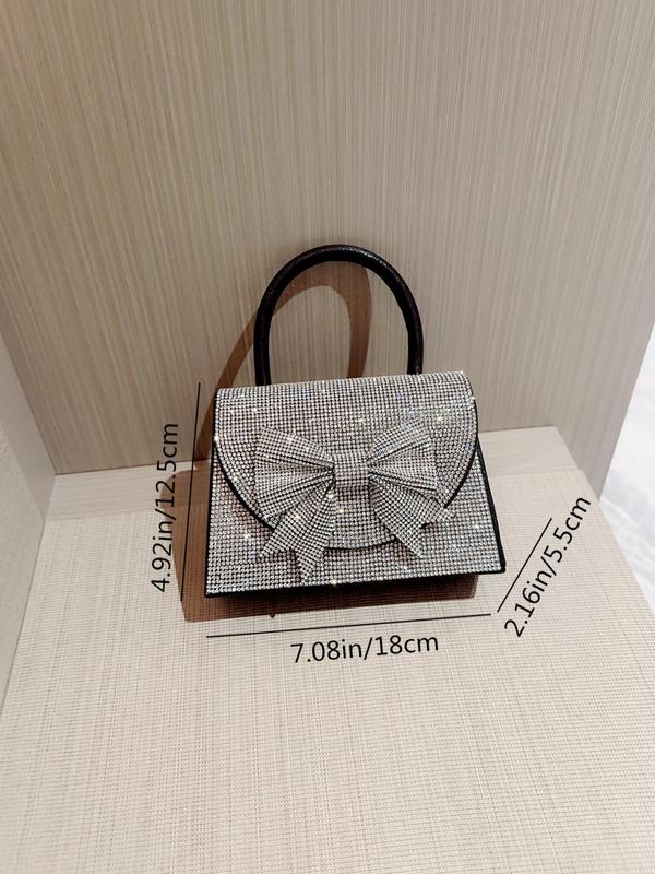 Elegant Rhinestone Bow Decor Glittery Top Handle Flap Clutch with Chain Strap, Women's Evening Bags for Party Wedding