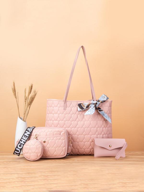 Fashion Trend Solid Color Heart Quilted Tote Bag As Gift, Casual Versatile Large Capacity Crossbody Bag for Women, Scarf Bow Decoration, with Small Bag Charm