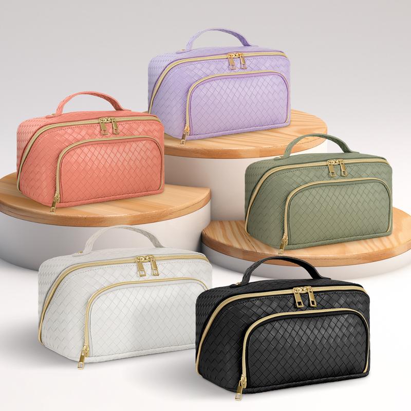 Travel Makeup Bag for Women, Large Capacity PU Leather Waterproof Checkered Cosmetic Bags, Portable Pouch Open Flat Toiletry Bag, Make up Organizer Portable Large