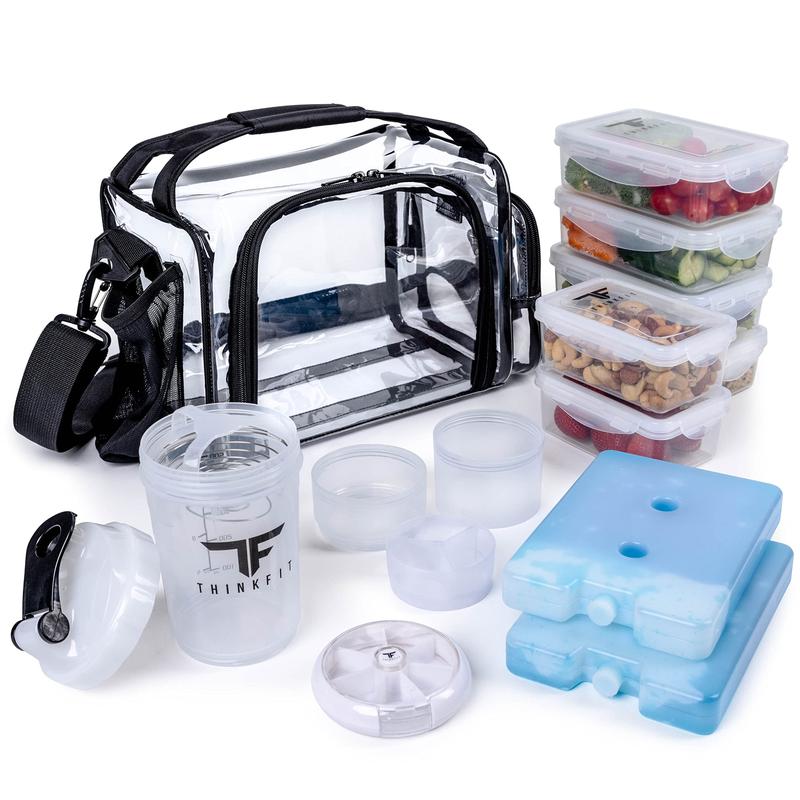 ThinkFit Clear Meal Prep Lunch Bag for High Security with 6 Containers, Ice Packs, Shaker Cup and More!