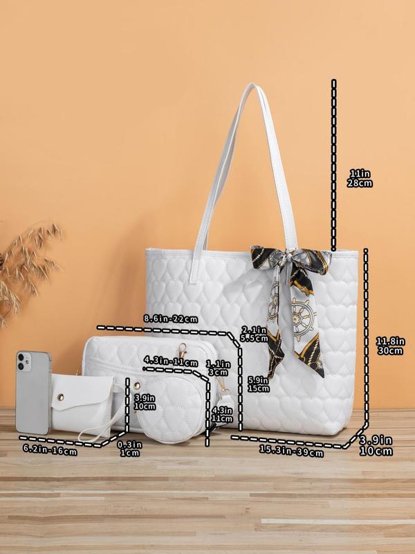 Fashion Trend Solid Color Heart Quilted Tote Bag As Gift, Casual Versatile Large Capacity Crossbody Bag for Women, Scarf Bow Decoration, with Small Bag Charm