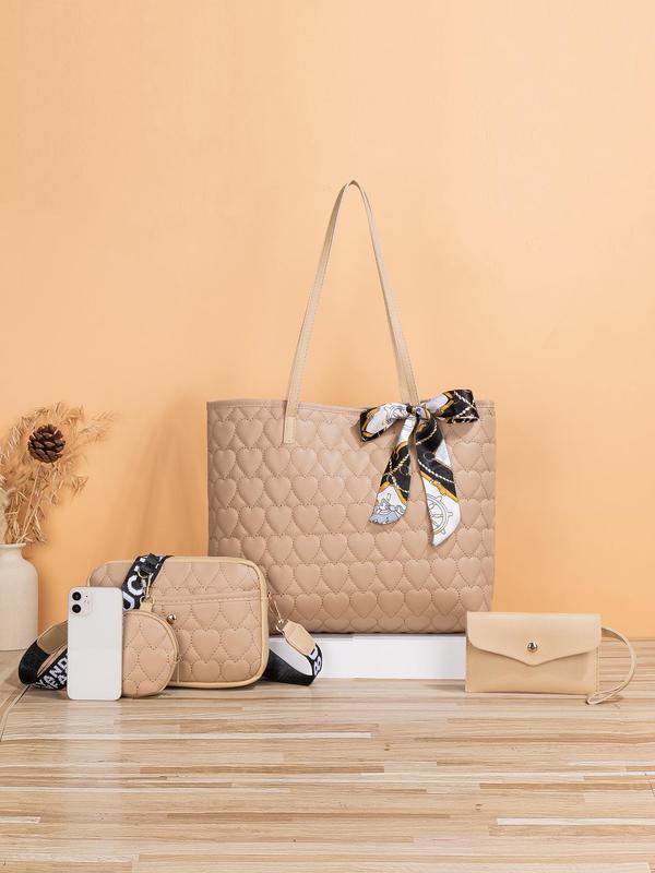 Fashion Trend Solid Color Heart Quilted Tote Bag As Gift, Casual Versatile Large Capacity Crossbody Bag for Women, Scarf Bow Decoration, with Small Bag Charm