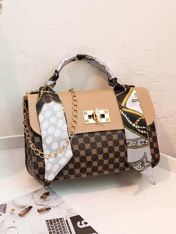 Fashionable All-match All Over Print Handbag with Bag Scarf Decor, Stylish Chain Strap Crossbody Bag, New Fashion Designer Bag for Women