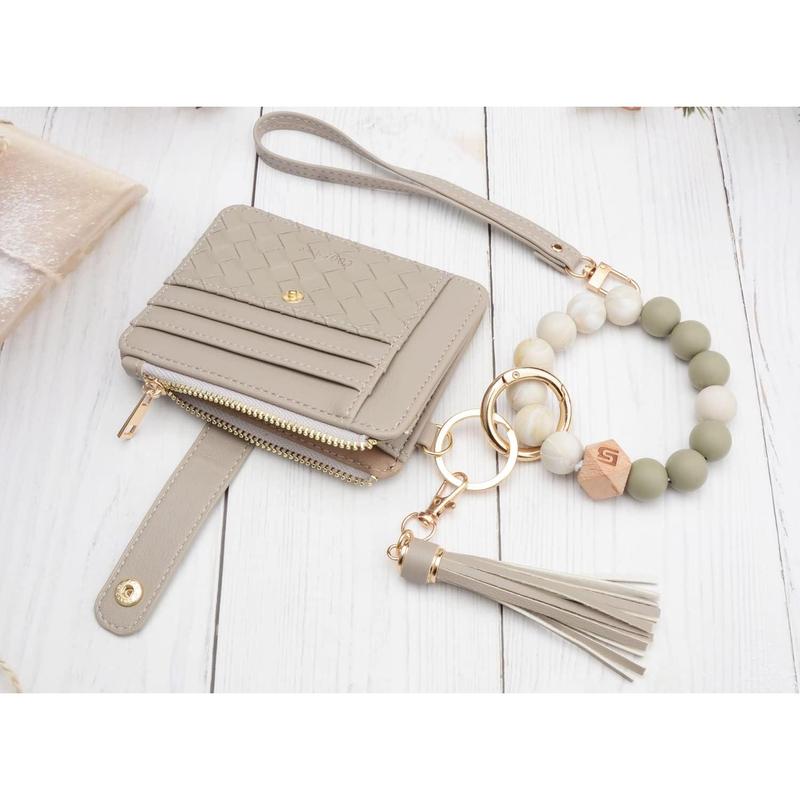 Wristlet Bracelet Keychain Credit Card Holder Purse,RFID Blocking Zip Slim Wallet,Tassel Key Ring Wallet for Women