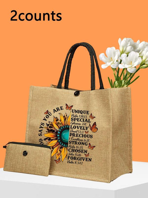 Sunflower & Letter Pattern Linen Tote Bag Set, Large Capacity Travel Shoulder Bag & Wallet, Casual Versatile Bag Set for Women & Girls