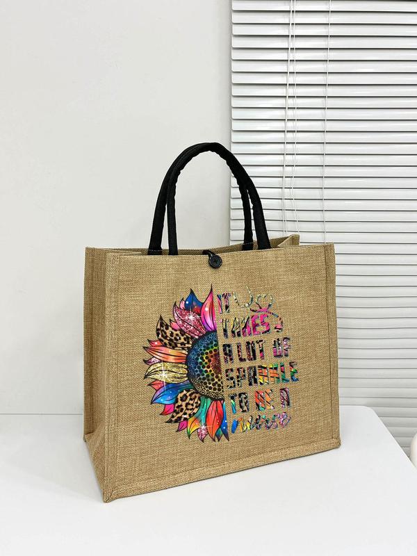Sunflower & Letter Pattern Linen Tote Bag Set, Large Capacity Travel Shoulder Bag & Wallet, Casual Versatile Bag Set for Women & Girls