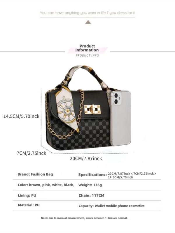 Fashionable All-match All Over Print Handbag with Bag Scarf Decor, Stylish Chain Strap Crossbody Bag, New Fashion Designer Bag for Women