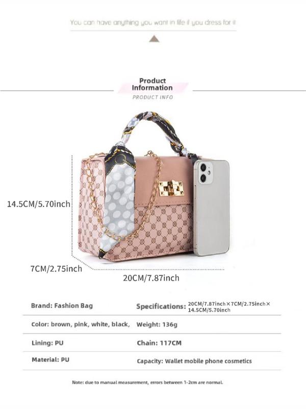 Fashionable All-match All Over Print Handbag with Bag Scarf Decor, Stylish Chain Strap Crossbody Bag, New Fashion Designer Bag for Women