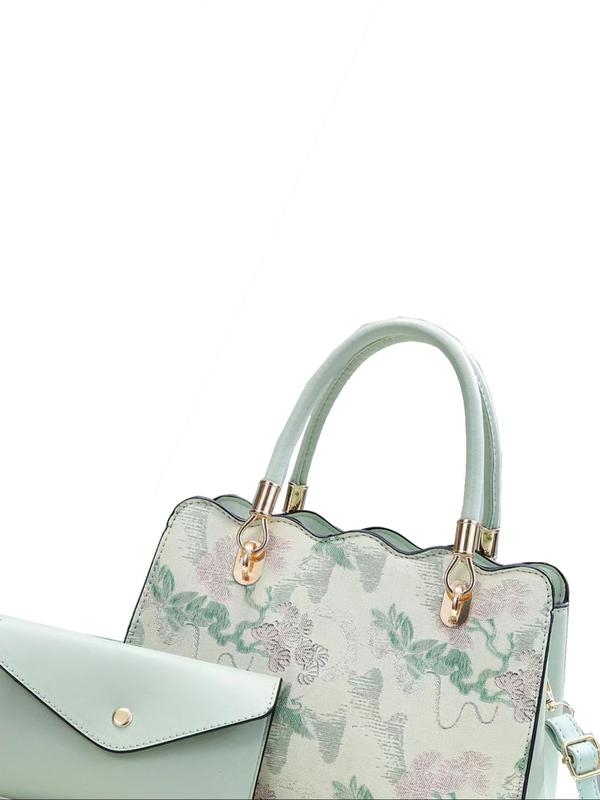 Women's Fashionable Floral Embroidering Design Bag Set, Casual Versatile Large Capacity Shoulder Bag & Wallet, Trendy All-match Bag Set for Daily Use