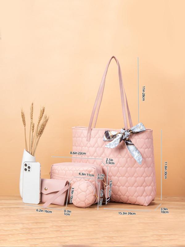 Fashion Trend Solid Color Heart Quilted Tote Bag As Gift, Casual Versatile Large Capacity Crossbody Bag for Women, Scarf Bow Decoration, with Small Bag Charm