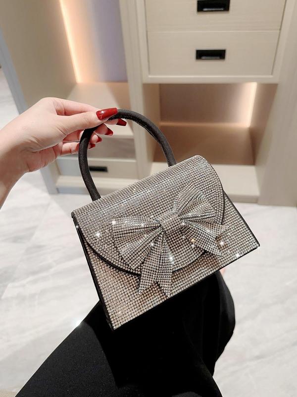 Elegant Rhinestone Bow Decor Glittery Top Handle Flap Clutch with Chain Strap, Women's Evening Bags for Party Wedding