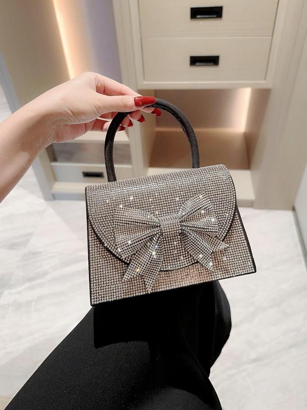 Elegant Rhinestone Bow Decor Glittery Top Handle Flap Clutch with Chain Strap, Women's Evening Bags for Party Wedding