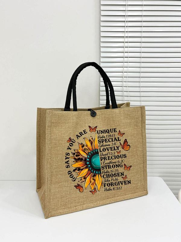 Sunflower & Letter Pattern Linen Tote Bag Set, Large Capacity Travel Shoulder Bag & Wallet, Casual Versatile Bag Set for Women & Girls