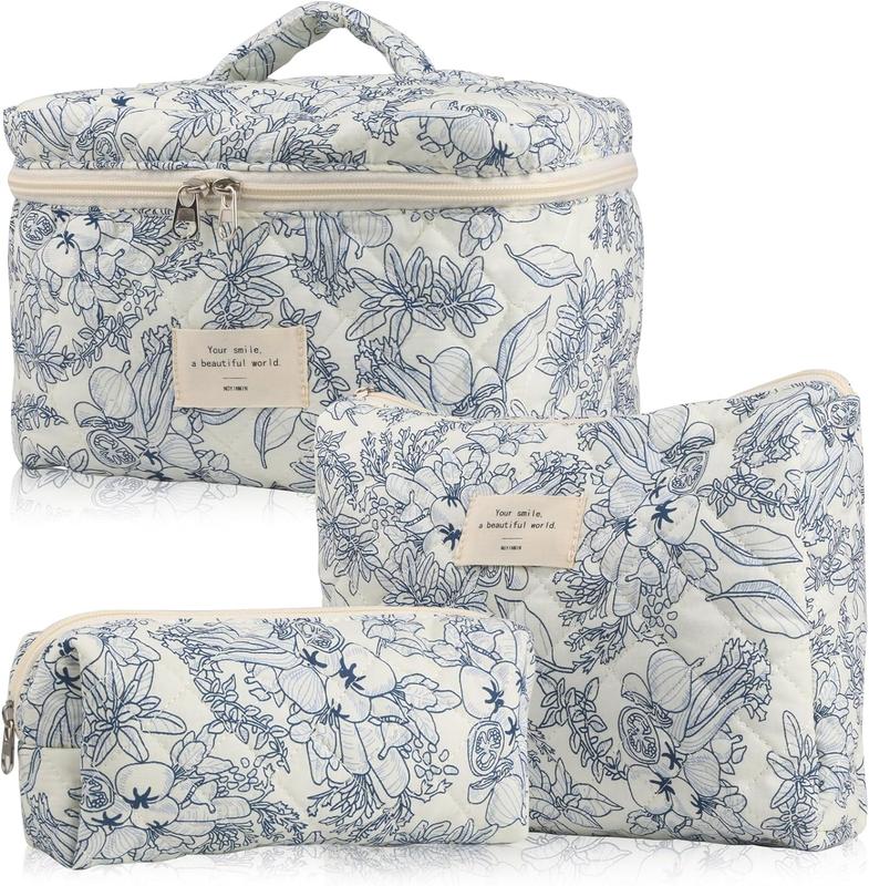 Floral Pattern Quilted Makeup Bag Set, 3 CountsTravel Cosmetic Bags, Portable Zipper MakeupOrganizer Pouches, for Skincare, Lotion, Cream,Lip Balm, Eyeliners, Makeup Tools, TravelEssentials, Back To School