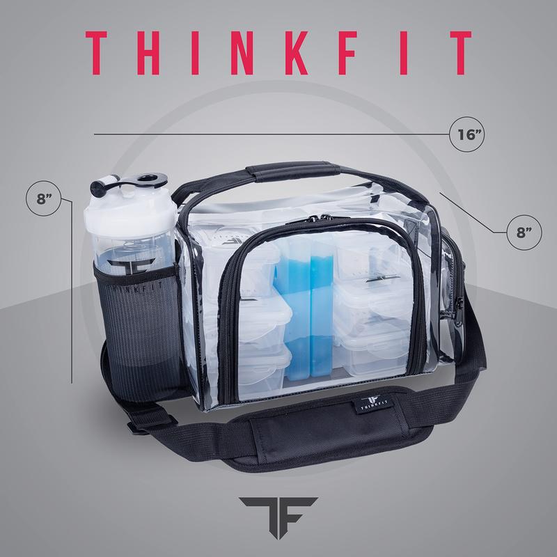 ThinkFit Clear Meal Prep Lunch Bag for High Security with 6 Containers, Ice Packs, Shaker Cup and More!