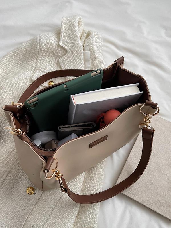 Women's Fashionable Solid Color Tote Bag, Large Capacity Patched Shoulder Bag for Daily Used, Casual Trendy Versatile High-quality Daily Commuting Bag, Girl Fashionable Bag