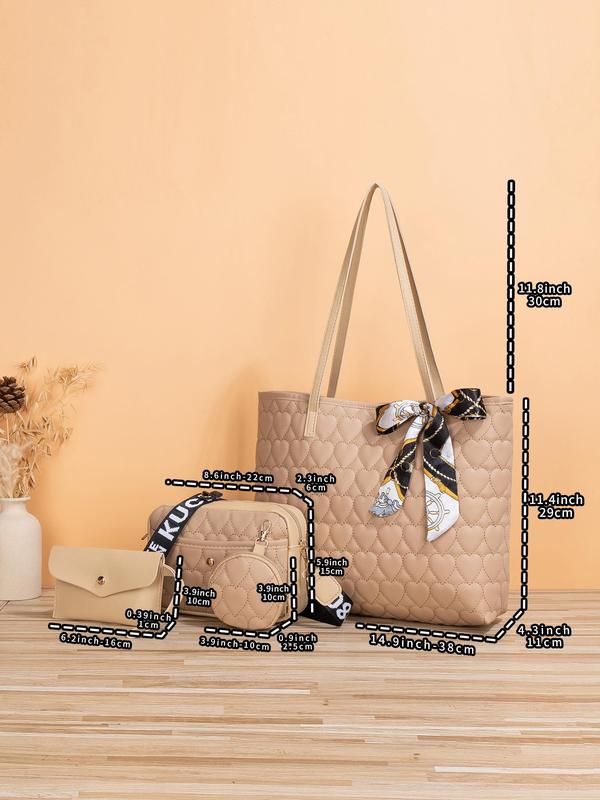 Fashion Trend Solid Color Heart Quilted Tote Bag As Gift, Casual Versatile Large Capacity Crossbody Bag for Women, Scarf Bow Decoration, with Small Bag Charm