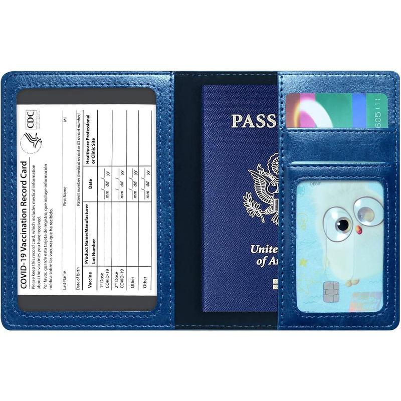 Passport Holder Cover Wallet Case RFID Blocking Leather Card Slot Travel Accessories Documents Organizer Protector for Women Men, Navy Blue