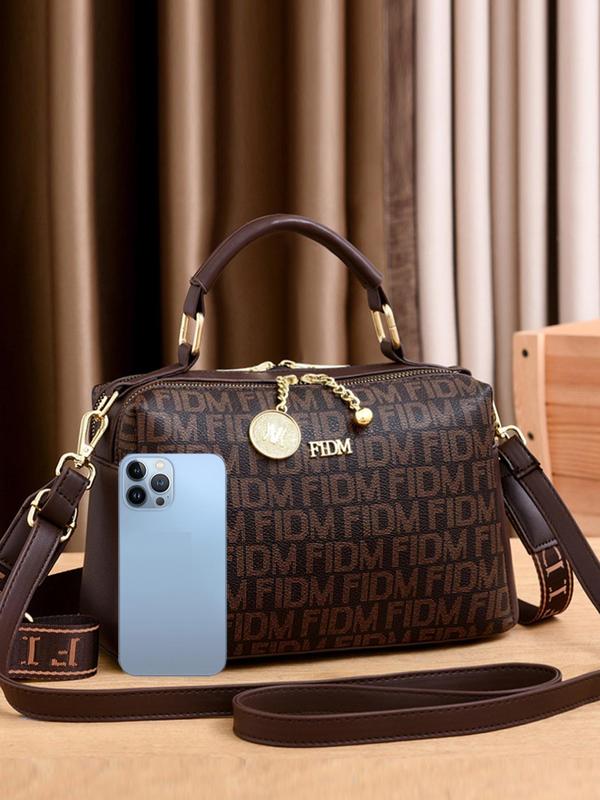 Letter Pattern Pu Leather Round & Ball Charm Zipper Handbag, Zipper Shoulder Bag, Fashion Classic All-match Crossbody Bag for Daily Used, without Twilly Scarf Decor