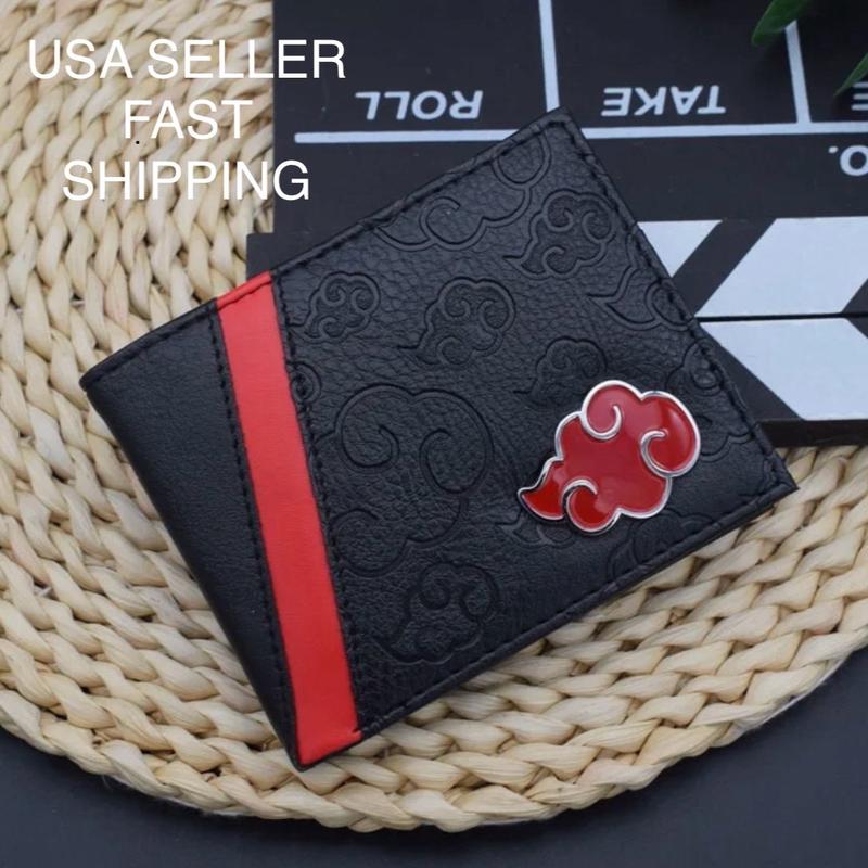 Akatsuki Wallet - Red Cloud Symbol Wallet - Japanese Anime Manga Wallet PU Leather Pendant Foldable Wallet Card Cash Zipper Coin Pocket Indent Pattern Bifold Wallet