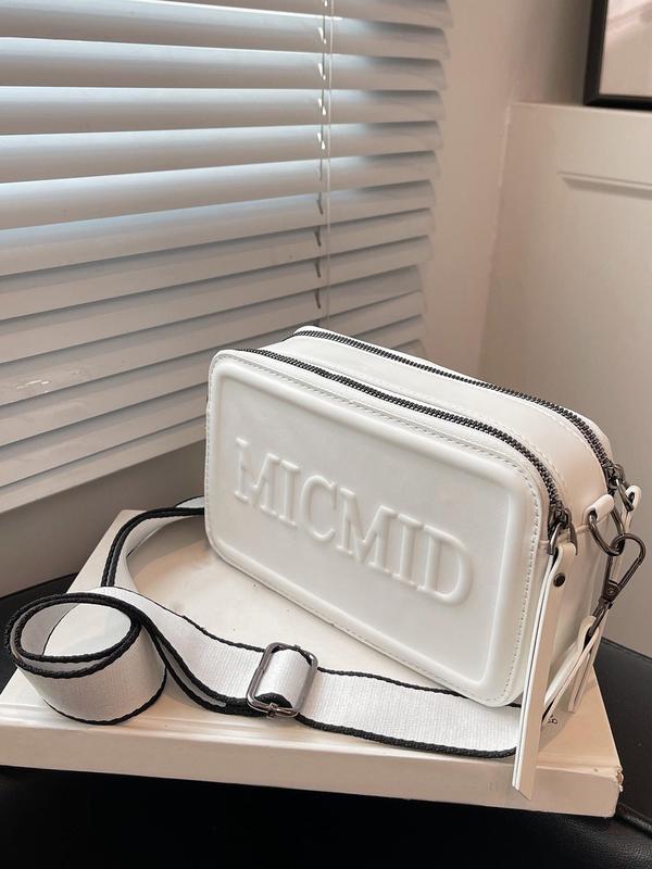 Women's Summer Elegant Letter Embossed Design Shoulder Bag, Trendy Double Zipper Small Square Bag with Adjustable Wide Shoulder Strap, Casual Pu Leather Crossbody Bag for Daily Use