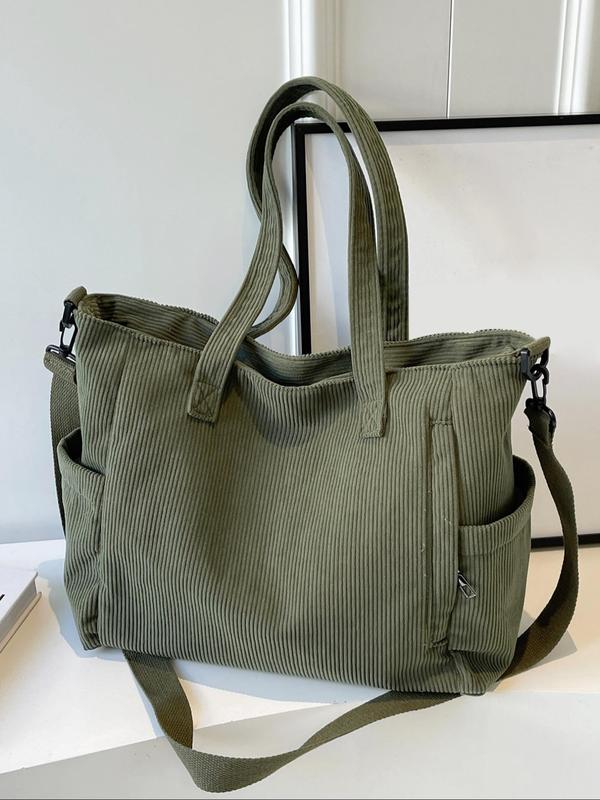 Women's Solid Color Corduroy Tote Bag, Large Capacity Shoulder Bag for Daily Commuting, Shopping and Daily Life, Casual Trendy Versatile High-quality Daily Commuting Bag
