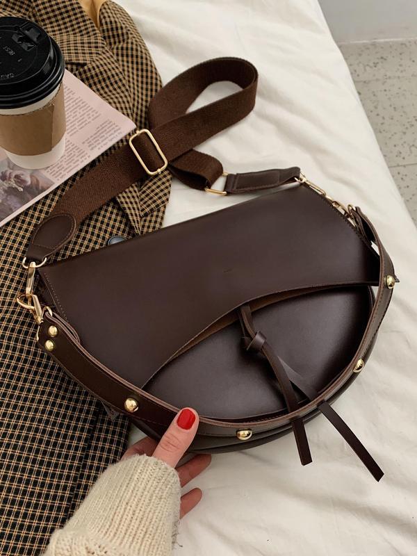 Women's Fashion Studded Decorated Saddle Bag, Casual Pu Leather Crossbody Bag for Daily Used, Trendy Versatile High-quality Daily Commuting Bag