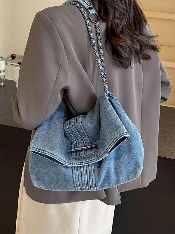 Women's Fashionable Denim Shoulder Bag, Casual Solid Color Chain Strap Crossbody Bag for Daily Used, Trendy All-match Commuter Bag