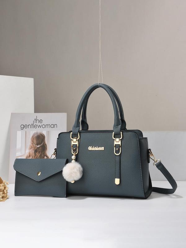 Women's Fashionable Solid Color Bag Set with Pom Pom Charm, PU Leather Handbag & Clutch Bag, Large Capacity One Shoulder Crossbody Bag Set for Daily Used