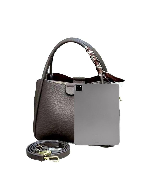 Women's Elegant Lychee Embossed Handbag, with Random Scarf Decor & Adjustable Bag Strap, Fashionable Bucket Bag for Daily Used, Casual Trendy Versatile High-quality Daily Commuting Bag