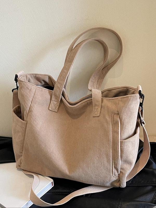 Women's Solid Color Corduroy Tote Bag, Large Capacity Shoulder Bag for Daily Commuting, Shopping and Daily Life, Casual Trendy Versatile High-quality Daily Commuting Bag