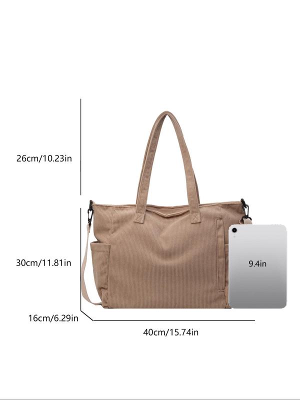 Women's Solid Color Corduroy Tote Bag, Large Capacity Shoulder Bag for Daily Commuting, Shopping and Daily Life, Casual Trendy Versatile High-quality Daily Commuting Bag