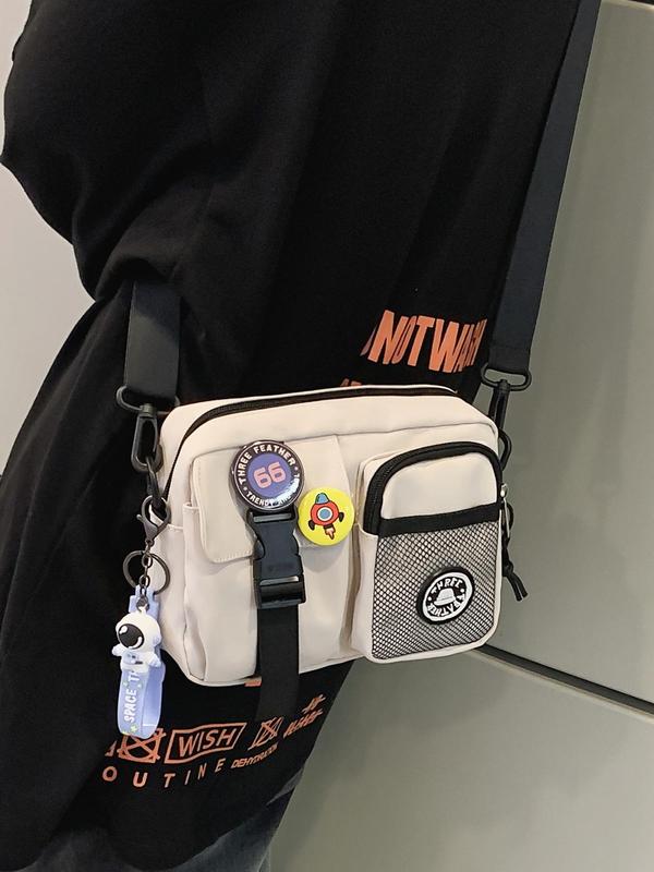 Unisex Summer Casual Plain Color Release Buckle Crossbody Bag with Astronaut Charm, Y2k Fashionable Versatile Zipper Work Bags Back To School with Random Color Badge, Trendy Shoulder Bag for Daily Use, Fall Outfits, Fall Freshness Fall