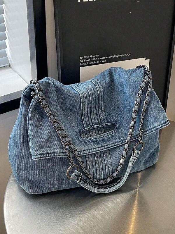 Women's Fashionable Denim Shoulder Bag, Casual Solid Color Chain Strap Crossbody Bag for Daily Used, Trendy All-match Commuter Bag