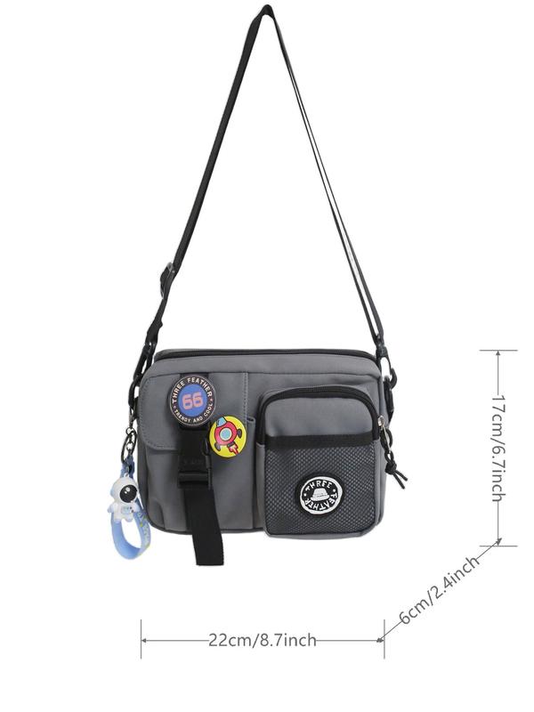 Unisex Summer Casual Plain Color Release Buckle Crossbody Bag with Astronaut Charm, Y2k Fashionable Versatile Zipper Work Bags Back To School with Random Color Badge, Trendy Shoulder Bag for Daily Use, Fall Outfits, Fall Freshness Fall