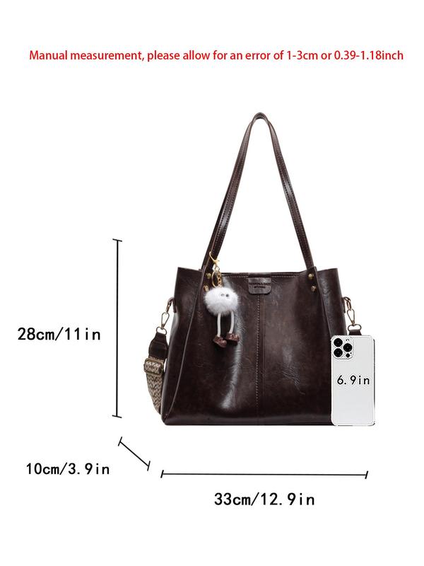 Women's Fashionable Solid Color Tote Bag with Pom Pom Charm, Large Capacity Shoulder Bag for Daily Used, Casual Trendy Versatile High-quality Daily Commuting Bag, Girl Fashionable Bag
