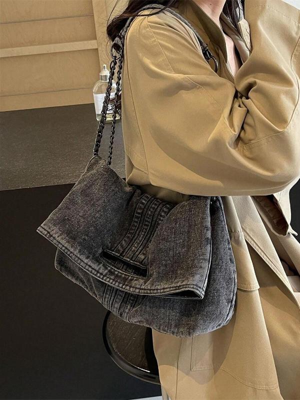 Women's Fashionable Denim Shoulder Bag, Casual Solid Color Chain Strap Crossbody Bag for Daily Used, Trendy All-match Commuter Bag