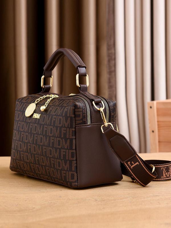 Letter Pattern Pu Leather Round & Ball Charm Zipper Handbag, Zipper Shoulder Bag, Fashion Classic All-match Crossbody Bag for Daily Used, without Twilly Scarf Decor