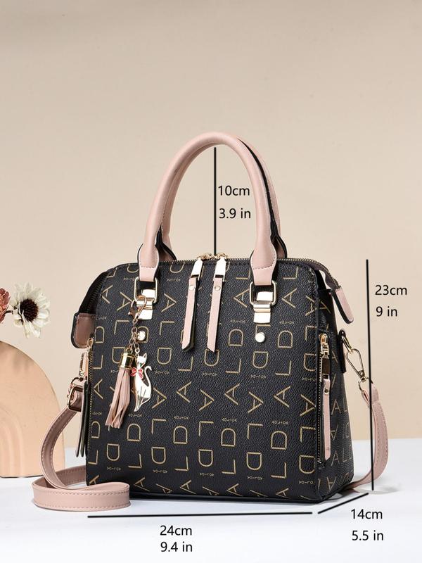 Summer Letter Print Cat Decor Zip Handbag, Fashion Letter Pattern Handbag, Casual Pu Leather Zipper Crossbody Bag with Cute Animal Charm for Daily Used