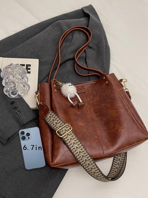 Women's Fashionable Solid Color Tote Bag with Pom Pom Charm, Large Capacity Shoulder Bag for Daily Used, Casual Trendy Versatile High-quality Daily Commuting Bag, Girl Fashionable Bag