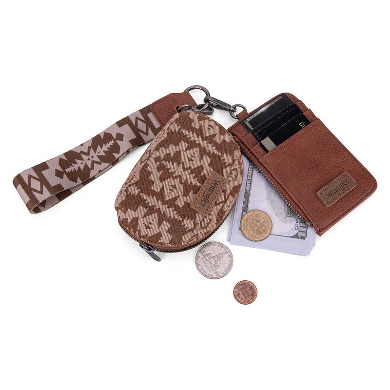 Wrangler 2 PCS SET Southwestern Pattern Print Print Card Holder Whipstitch Wristlet Wallet Portable Zipper Coin Pocket