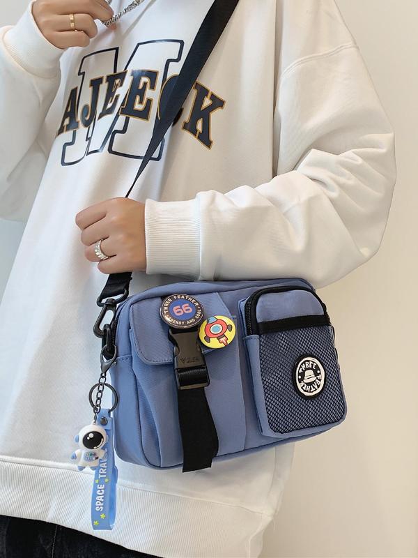 Unisex Summer Casual Plain Color Release Buckle Crossbody Bag with Astronaut Charm, Y2k Fashionable Versatile Zipper Work Bags Back To School with Random Color Badge, Trendy Shoulder Bag for Daily Use, Fall Outfits, Fall Freshness Fall